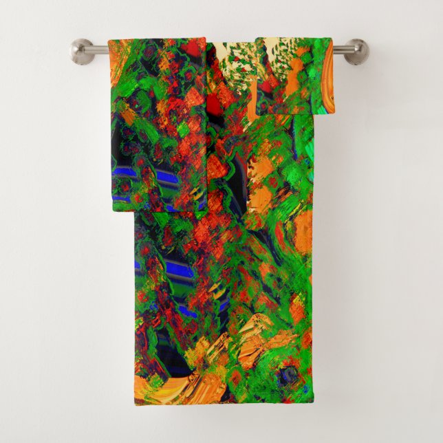 Mask party or carnival of paints, orange and green bath towel set (Insitu)