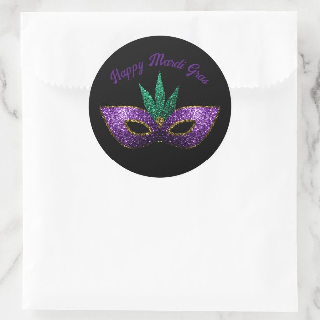 Mask Purple Green Sparkles Happy Mardi Gras Classic Round Sticker (Bag)
