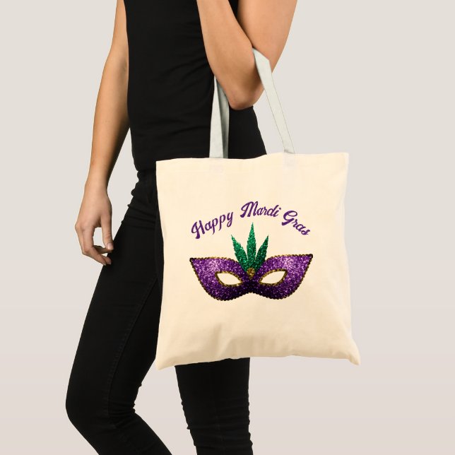 Mask Purple Green Sparkles Happy Mardi Gras Tote Bag (Front (Product))