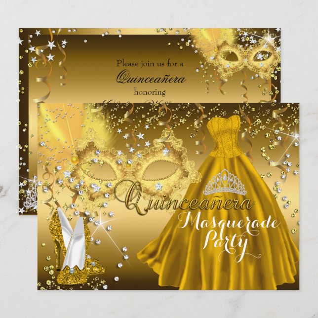 Mask & Tiara Masquerade Quinceanera Gold Invite (Front/Back)