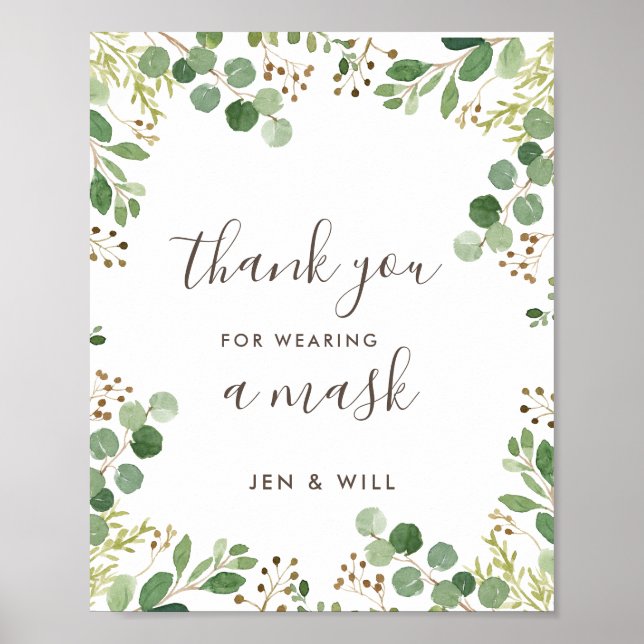 Mask Wearing Wedding Watercolor Foliage Sign (Front)