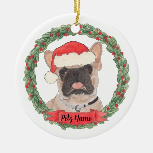 Masked Frenchie French Bulldog Christmas Ceramic Tree Decoration (Front)