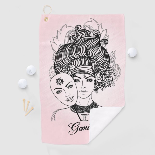 Masked Lady Gemini Zodiac Symbol and Sign Pink Golf Towel (InSitu)