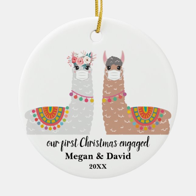 Masked Llama First Christmas Engaged or married Ceramic Tree Decoration (Front)