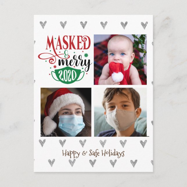 MASKED & MERRY 2020 | 3 photo collage fun Holiday Postcard (Front)
