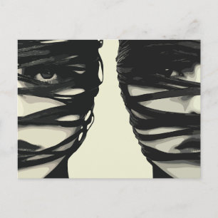 Masked Mystery: Dual Wrapped Faces Art Postcard