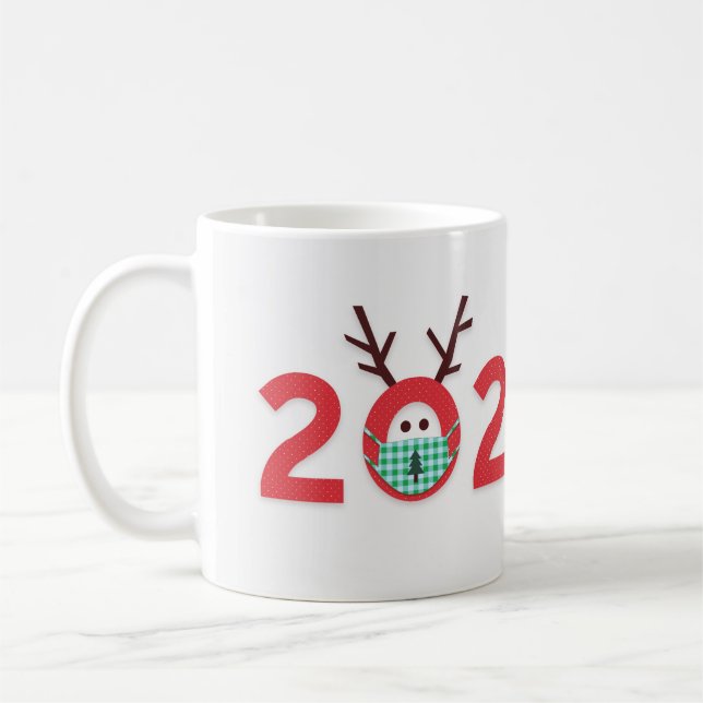 Masked Reindeer 2020 Custom Red Green Holiday Coffee Mug (Left)