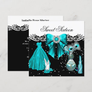 Masked Teal Blue Sweet Sixteen Sweet 16 Party Invitation