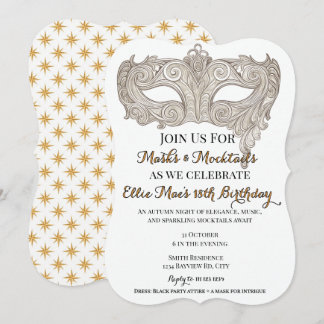 Masks & Mocktails Gold Masquerade Birthday Invitation
