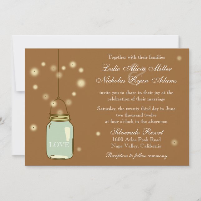 Mason Jar and Fireflies Heart Wedding Invitation (Front)