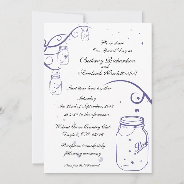 Mason Jar and Firefly Wedding Invitation - Grape (Front)