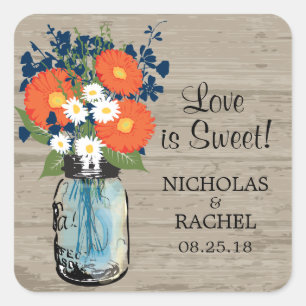 Mason Jar and Gerber Daisies Wedding Square Sticker