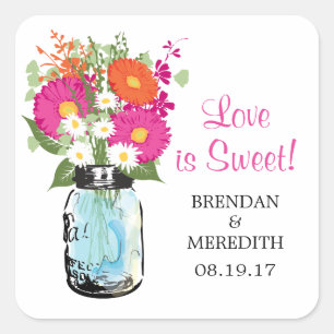 Mason Jar and Gerber Daisies Wedding Square Sticker