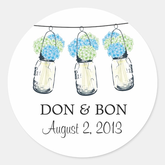 Mason Jar and Hydrangeas Wedding Classic Round Sticker (Front)