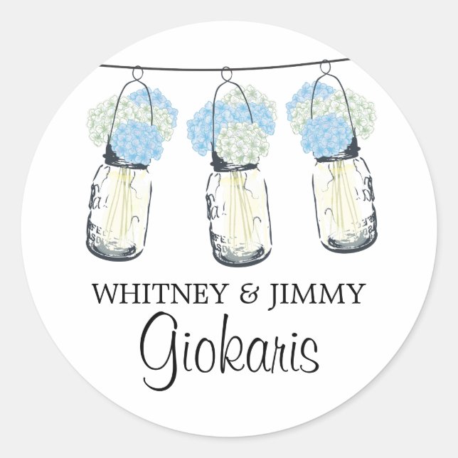 Mason Jar and Hydrangeas Wedding Classic Round Sticker (Front)