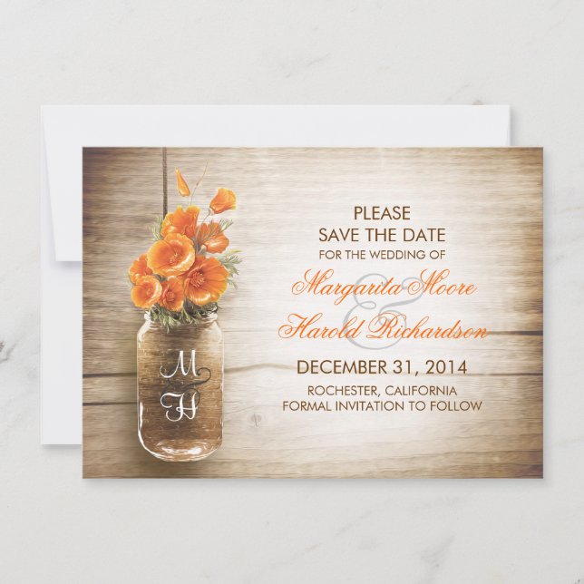 Mason jar and orange flowers save the date cards (Front)