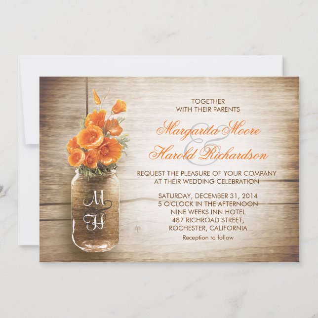 Mason jar and orange flowers wedding invitations (Front)