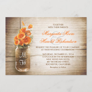 Mason jar and orange flowers wedding invitations