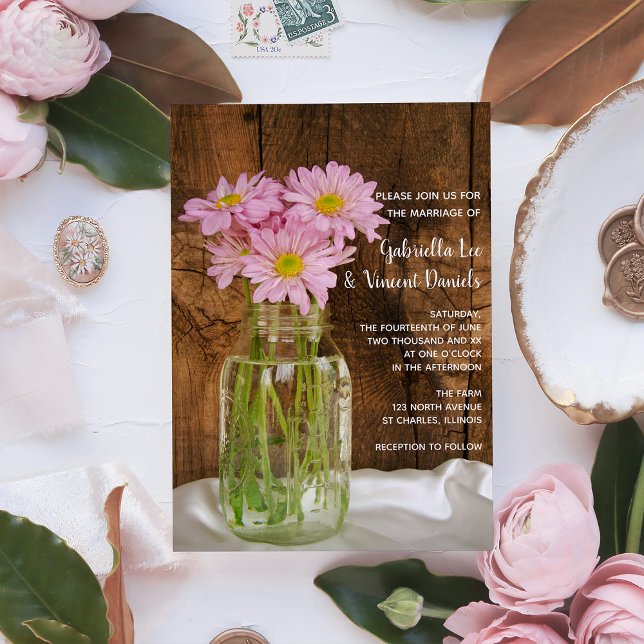 Mason Jar and Pink Daisies Country Barn Wedding Invitation (Creator Uploaded)