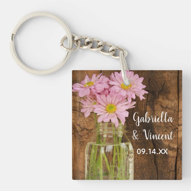 Mason Jar and Pink Daisies Country Barn Wedding Key Ring (Front)