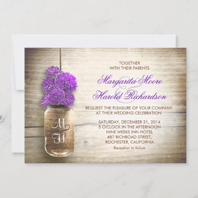 Mason jar and purple flowers wedding invitations (Front)
