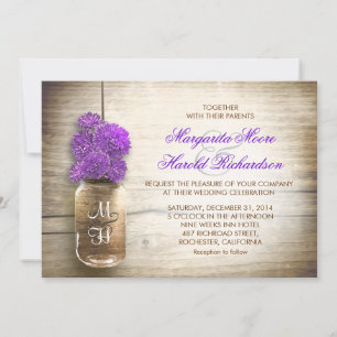 Mason jar and purple flowers wedding invitations