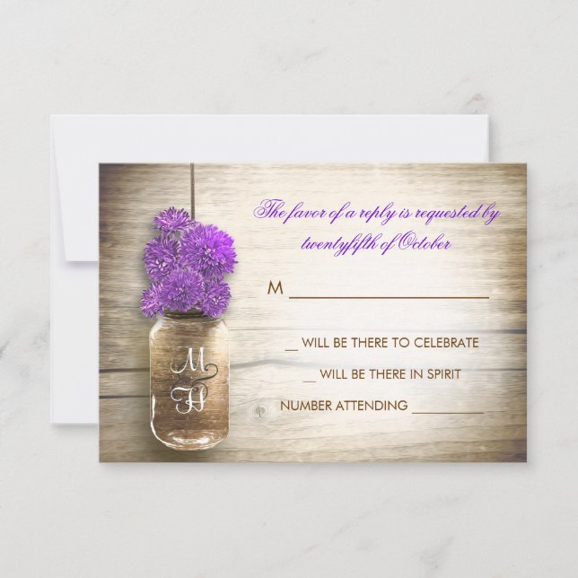 Mason jar and purple flowers wedding RSVP card (Front)