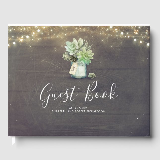 Mason Jar and Small Succulents Rustic Wedding Guest Book (Front)