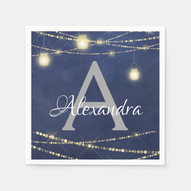 Mason Jar and String Lights Monogram Birthday Napkin (Front)