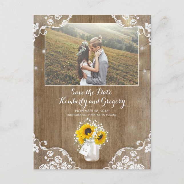 Mason Jar and Sunflower Rustic Photo Save the Date Announcement Postcard (Front)
