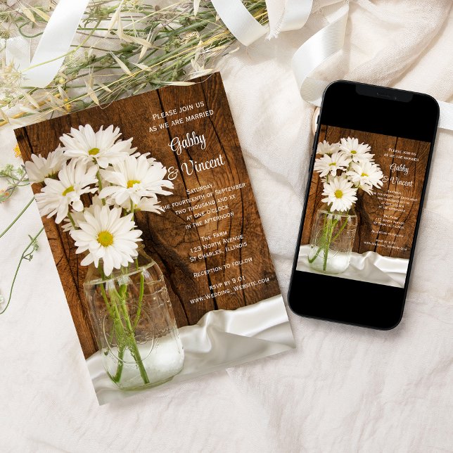 Mason Jar and White Daisies Barn Wedding Invitation (Creator Uploaded)