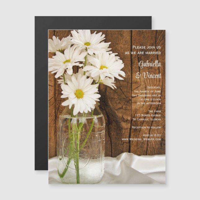 Mason Jar and White Daisies Barn Wedding Magnetic Invitation (Front/Back)