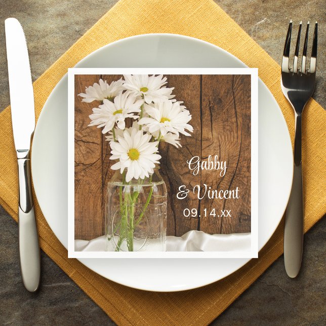 Mason Jar and White Daisies Barn Wedding Napkin (Creator Uploaded)