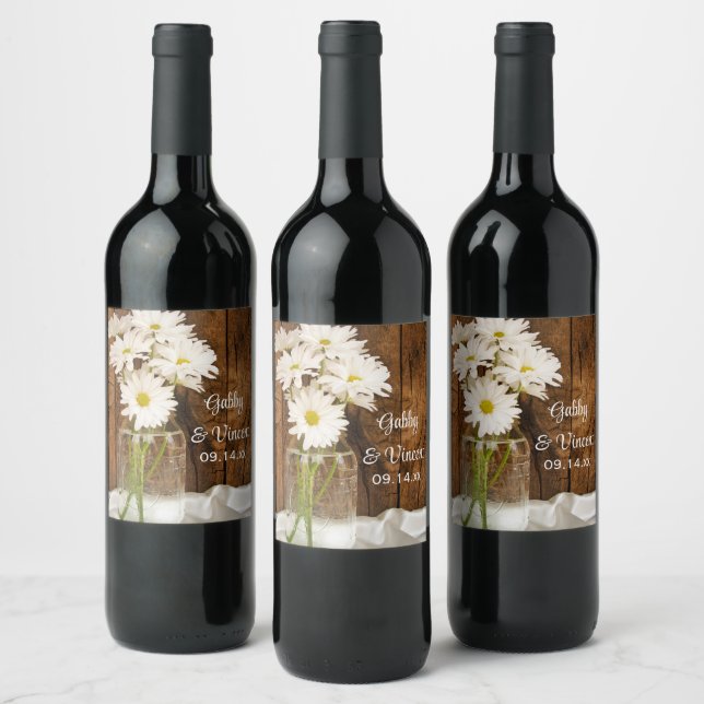 Mason Jar and White Daisies Country Wedding Wine Label (Bottles)