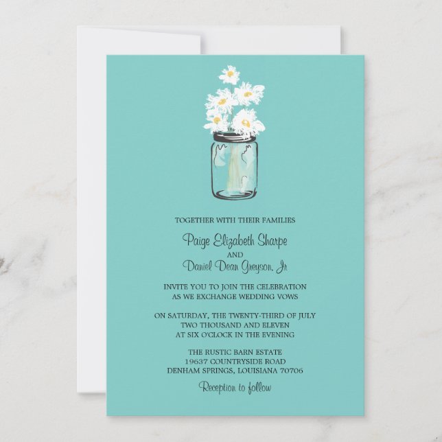 Mason Jar  and White Daisies Wedding Invitation (Front)