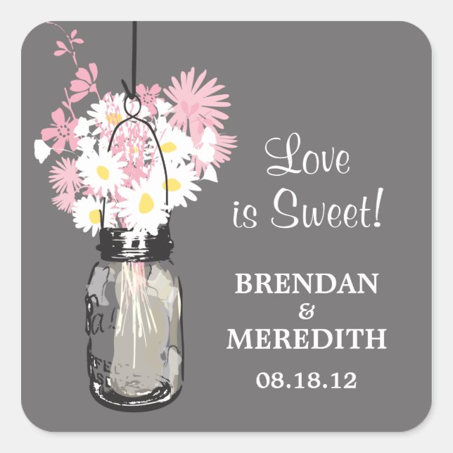 Mason Jar and White Daisies Wedding Square Sticker (Front)