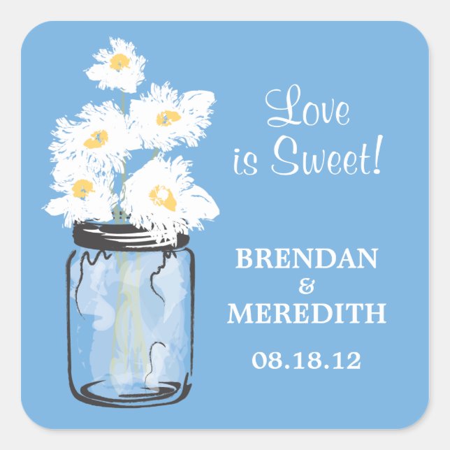 Mason Jar and White Daisies Wedding Square Sticker (Front)
