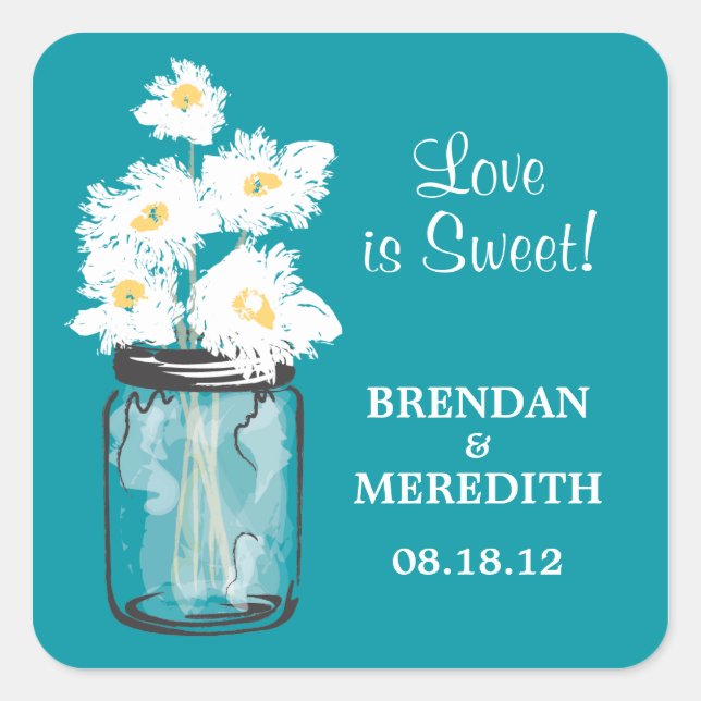 Mason Jar and White Daisies Wedding Square Sticker (Front)