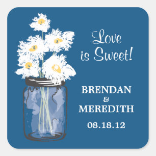 Mason Jar and White Daisies Wedding Square Sticker