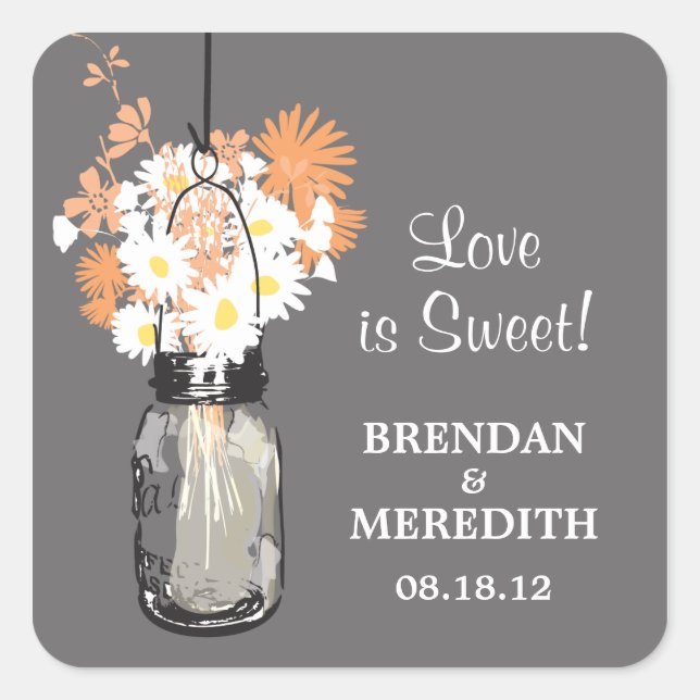 Mason Jar and White Daisies Wedding Square Sticker (Front)