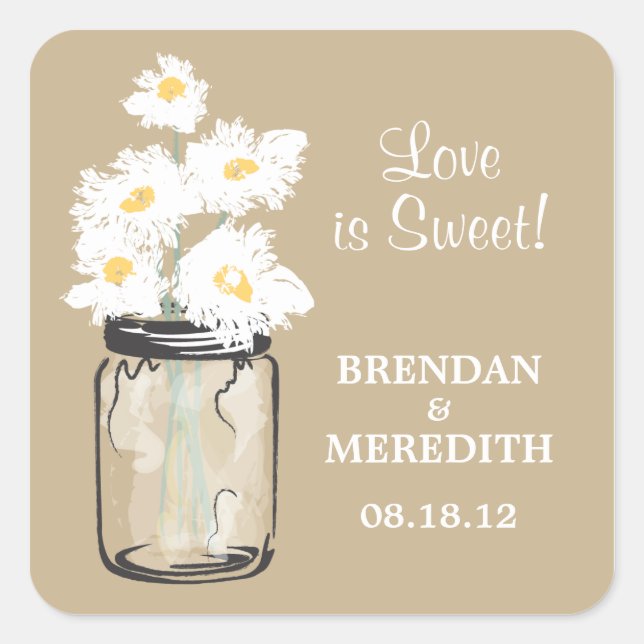 Mason Jar and White Daisies Wedding Square Sticker (Front)