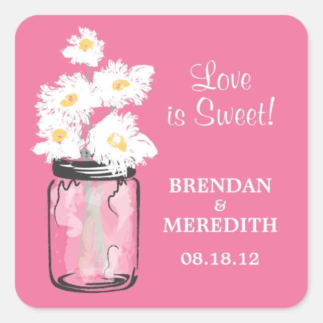 Mason Jar and White Daisies Wedding Square Sticker (Front)