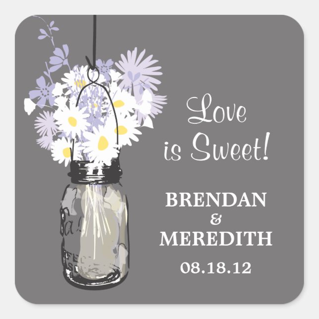 Mason Jar and White Daisies Wedding Square Sticker (Front)