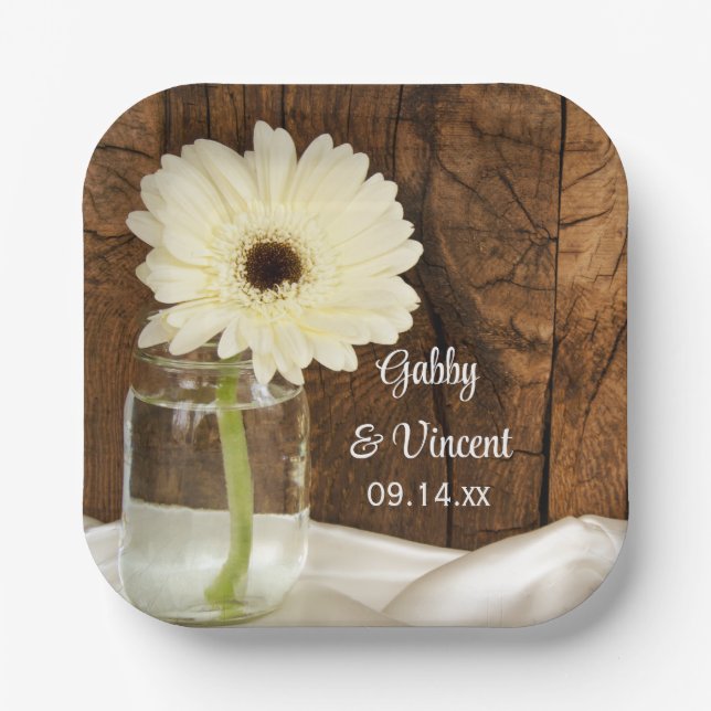 Mason Jar and White Daisy Country Barn Wedding Paper Plate (Front)