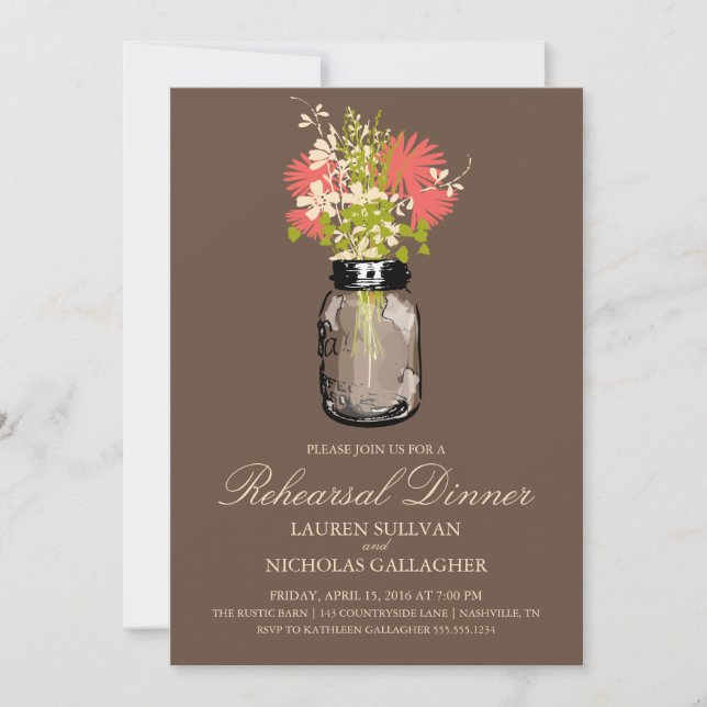 Mason Jar and Wildflowers Rehearsal Dinner Invitation (Front)