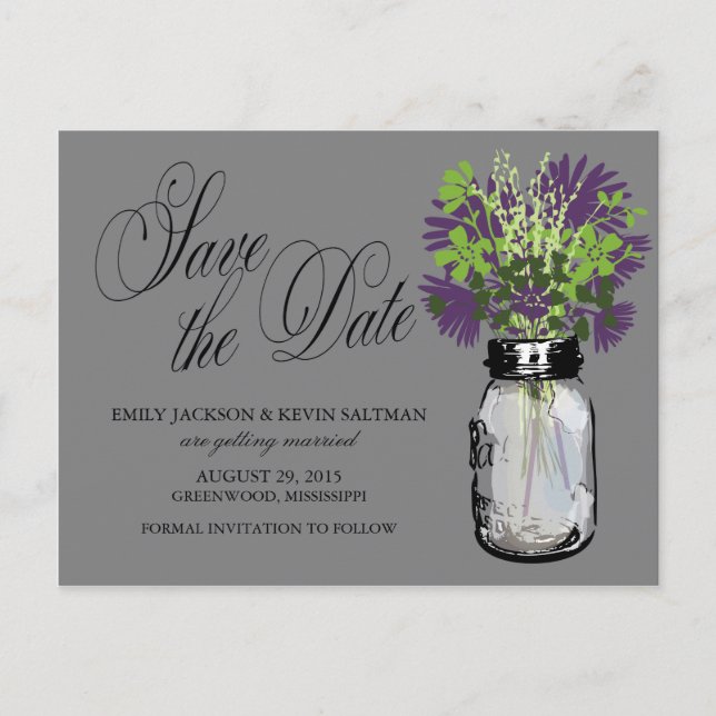 Mason Jar and Wildflowers Save the Date Announcement Postcard (Front)