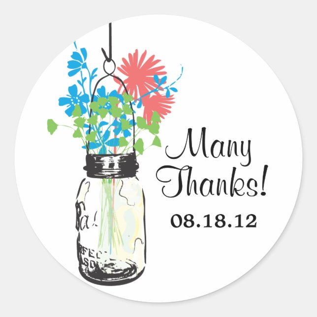 Mason Jar and Wildflowers Wedding Classic Round Sticker (Front)