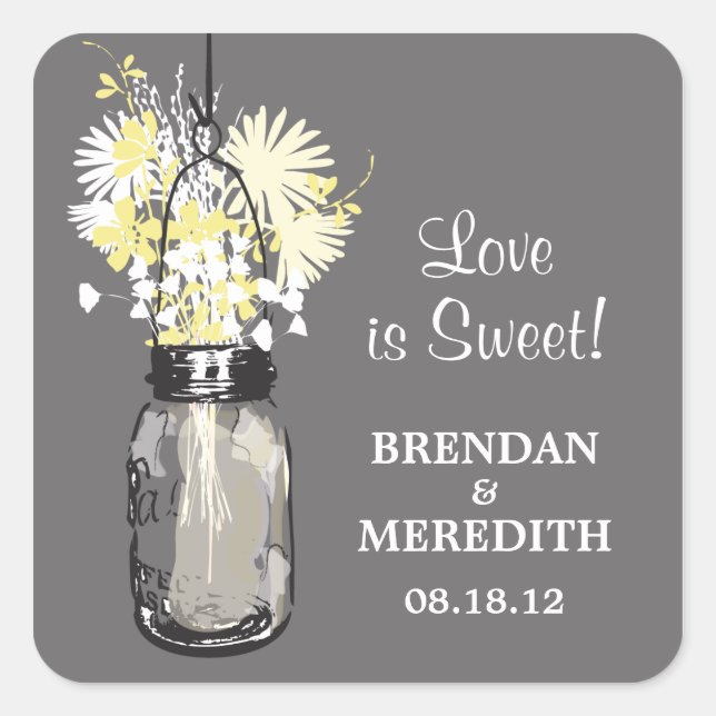 Mason Jar and Wildflowers Wedding Square Sticker (Front)