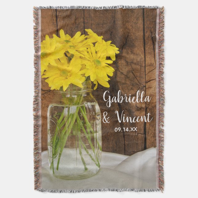 Mason Jar and Yellow Daisies Country Wedding Throw Blanket (Front Vertical)
