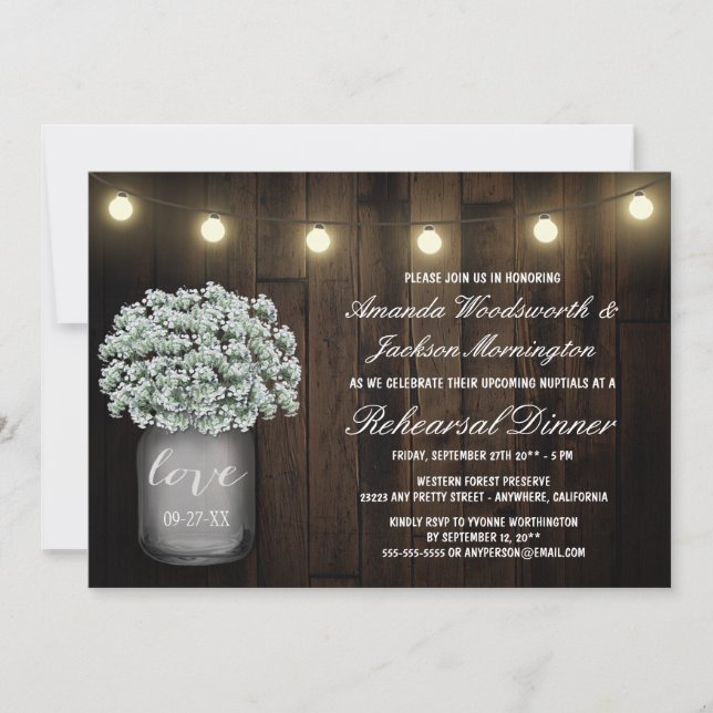 Mason Jar Baby Breath Rehearsal Dinner Invitations (Front)